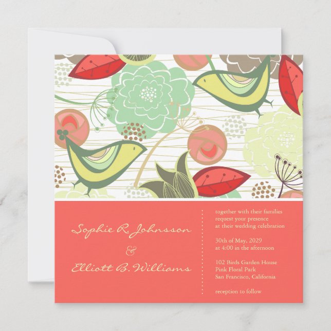 Sweet Mint Birds Floral Jardin Mariage Invitation (Devant)