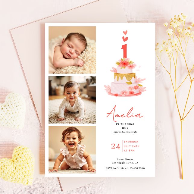Sweet Modern 1st Birthday Invitation Photo Collage (Créateur téléchargé)