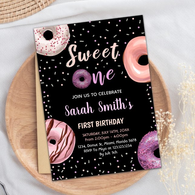 Sweet One Black Donut Invitations Anniversaire (Sweet One Black Donut Birthday Invitations)
