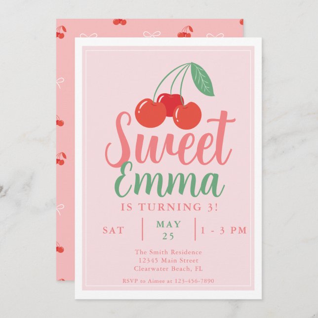 Sweet One Cherry 3e Invitation anniversaire (Devant / Derrière)