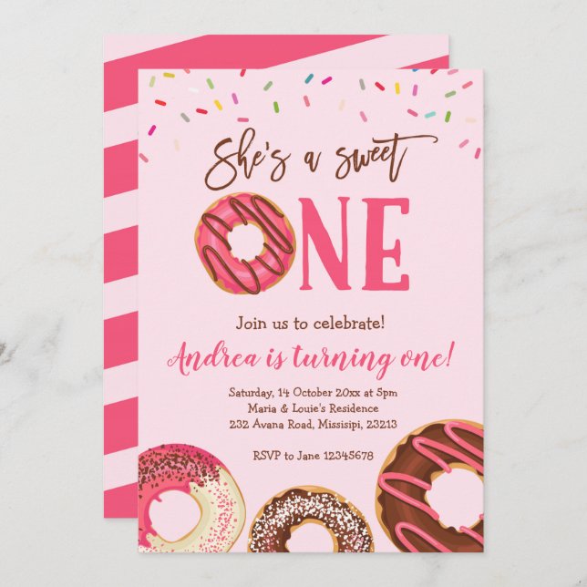 Sweet One Girl Donut thème Anniversaire Invitation (Devant / Derrière)