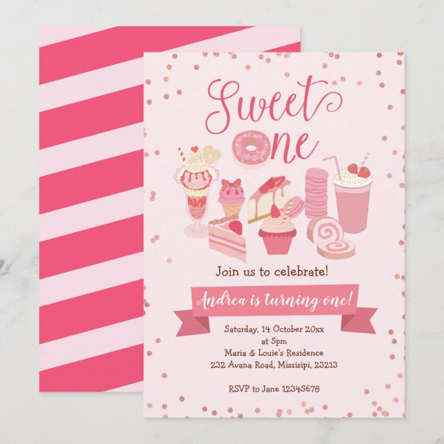 Sweet One Girl Donut thème Anniversaire Invitation (Devant / Derrière)