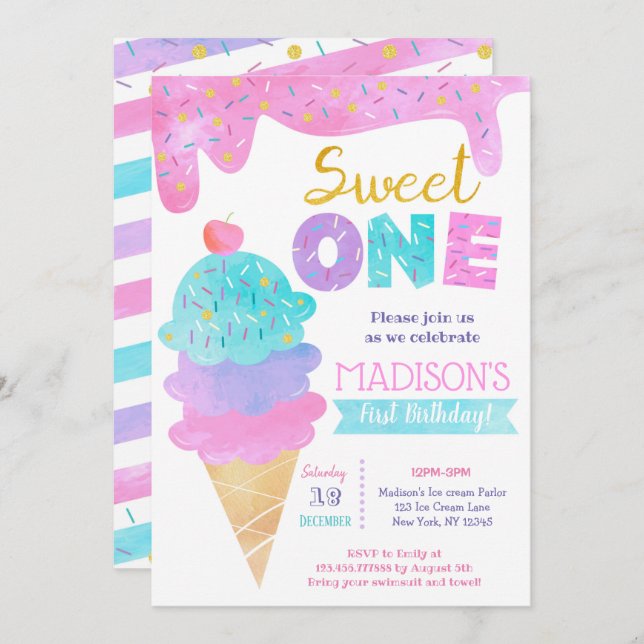 Sweet One Ice Cream First Birthday Invitations (Devant / Derrière)