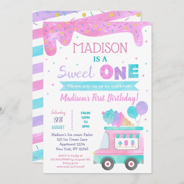 Sweet One Ice Cream First Birthday Invitations (Devant / Derrière)