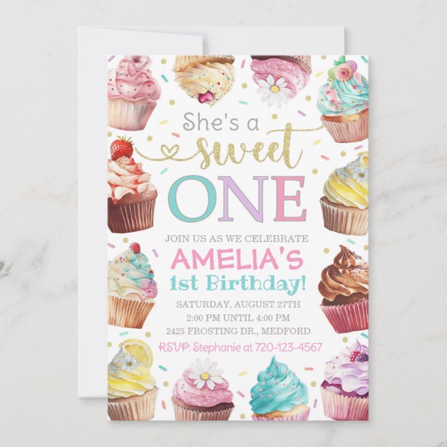 Sweet One Invitation, Cupcake Invitation (Devant)