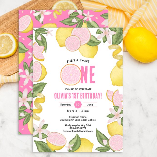 Sweet One Pink Lemonade 1er Invitation d'anniversa (Créateur téléchargé)