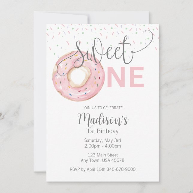 Sweet One Watercolor Girl's 1st Invitation (Devant)