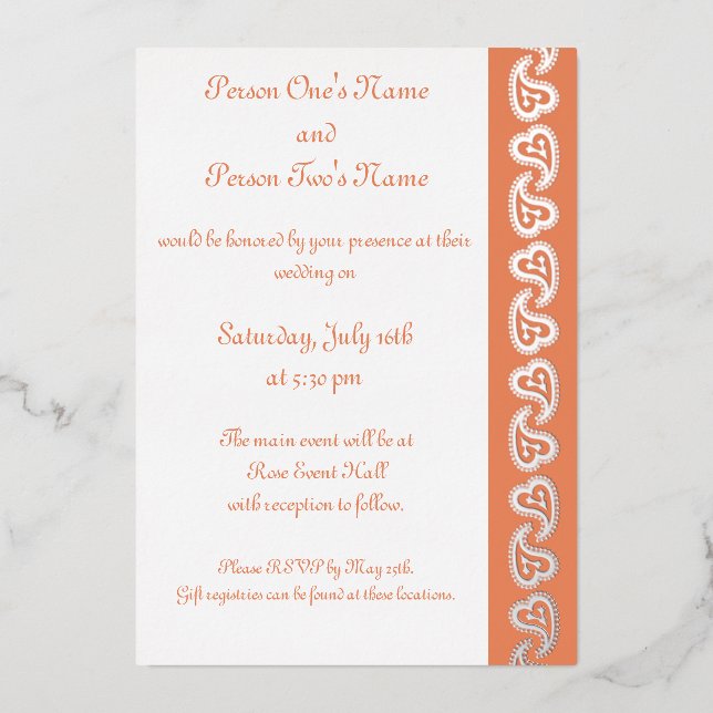 Sweet Paisley Hearts in Coral Foil Invitation (Recto)