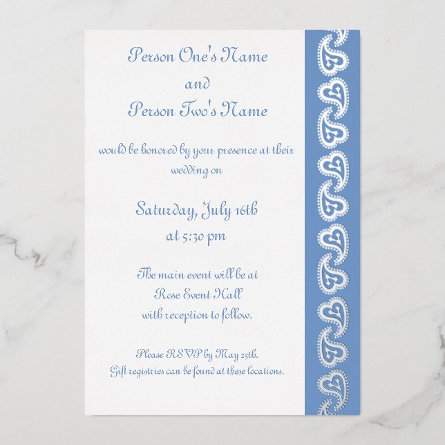 Sweet Paisley Hearts in Periwinkle Foil Invitation (Recto)