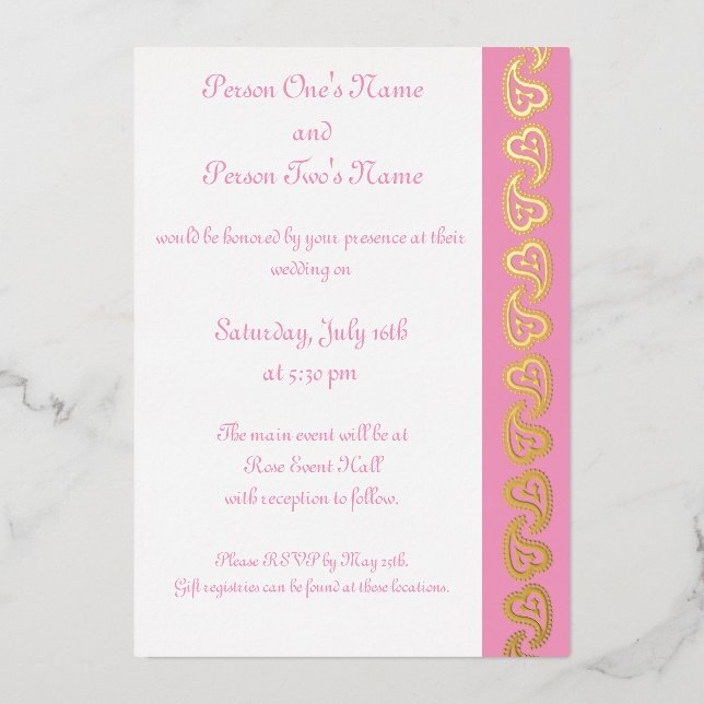 Sweet Paisley Hearts in Petal rose Foil Invitation (Recto)