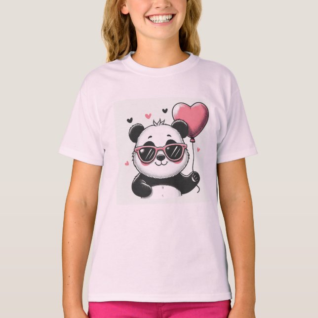 Sweet Panda tenant un T-shirt de ballon de coeur (Devant)