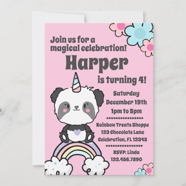 Sweet Panda Unicorn Girly Invitation (Devant)