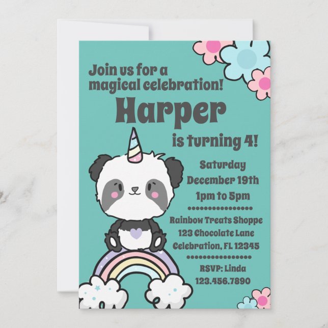 Sweet Panda Unicorn Girly Invitation (Devant)