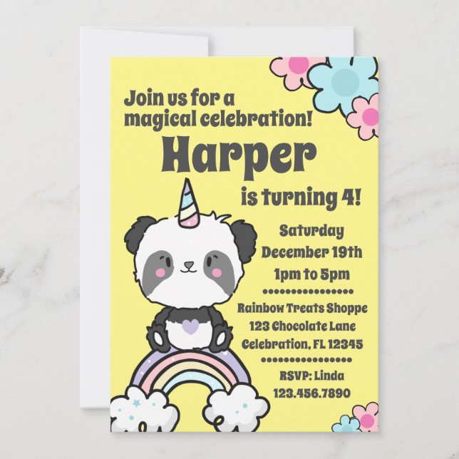 Sweet Panda Unicorn Girly Invitation (Devant)