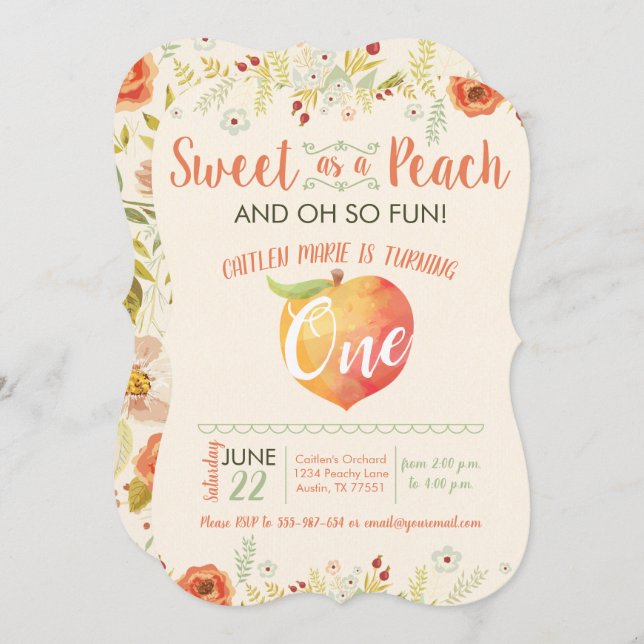Sweet Peach Floral Invitation premier anniversaire (Devant / Derrière)