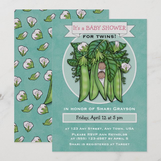 Sweet Peas Ethnic Twins Baby shower Invitation (Devant / Derrière)