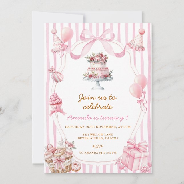 Sweet Pink Stripe Bow Girl Birthday Invitation (Devant)