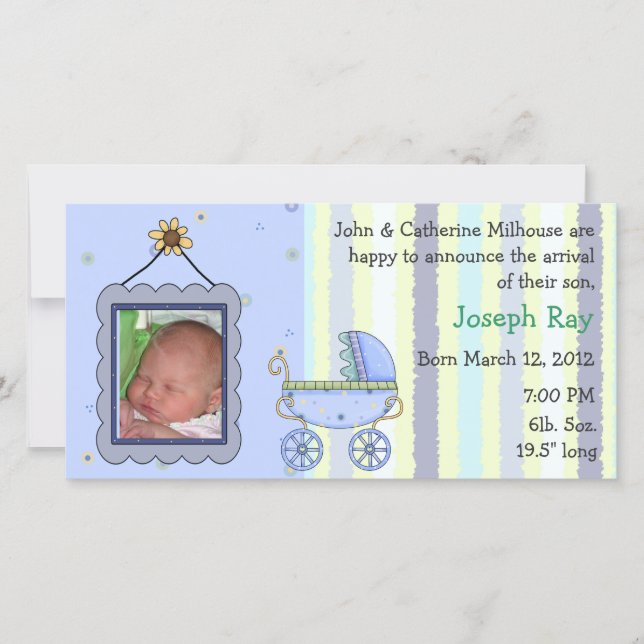 Sweet Pram Boy Carte photo Faire-part de naissance (Devant)