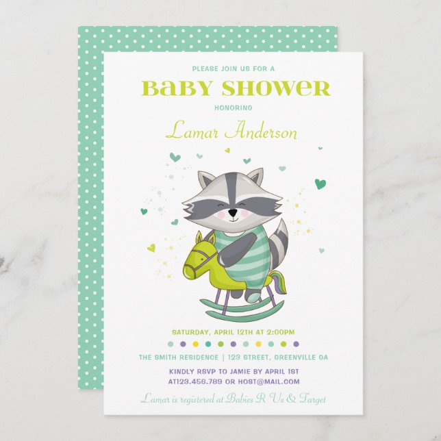 Sweet Raccoon Baby shower Invitation (Devant / Derrière)
