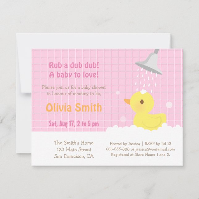 Sweet Rubber Ducky PInk Baby Shower Invitations (Devant)