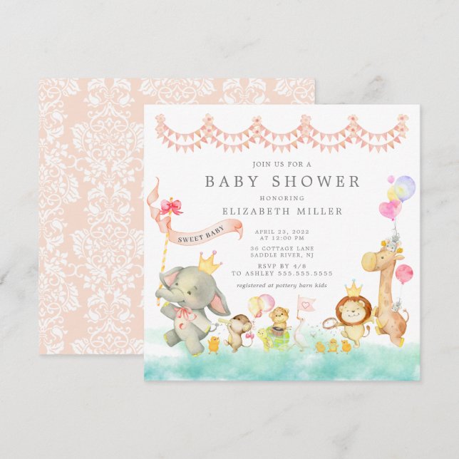 Sweet Safari Animaux Parade Baby shower Invitation (Devant / Derrière)