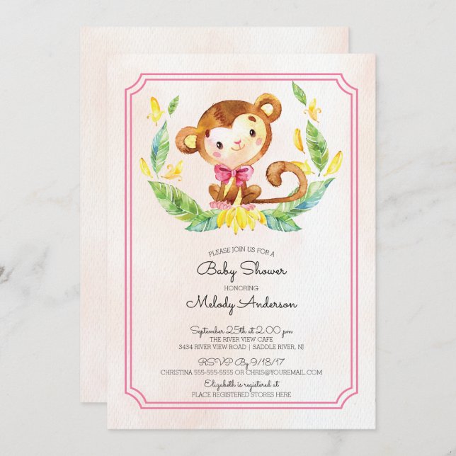Sweet Safari Monkey Girls Baby shower Invitation (Devant / Derrière)