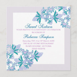Sweet sixteen Aqua Fleurs Invitation Anniversaire