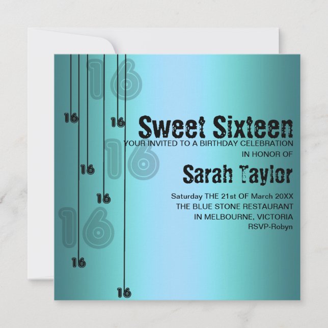 Sweet sixteen bleu Invitation d'anniversaire (Devant)