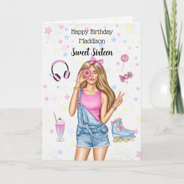 Sweet sixteen Blonde fille joyeuse carte d'anniver (Devant)