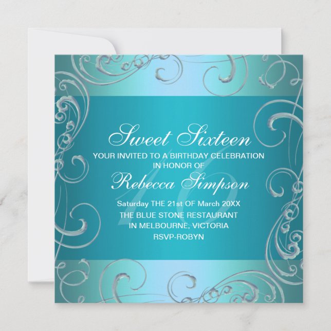 Sweet sixteen Blue Swirl Invitation d'anniversaire (Devant)