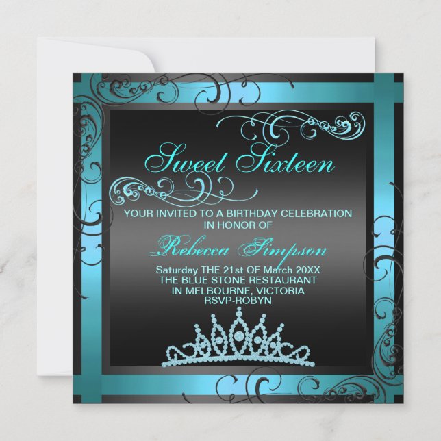 Sweet sixteen Blue Tiara Invitation d'anniversaire (Devant)