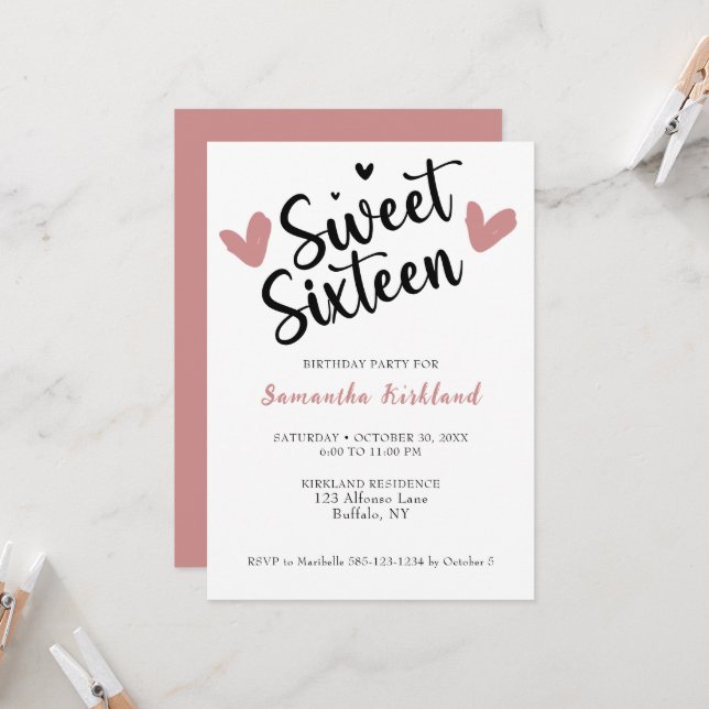 Sweet sixteen Coeur Anniversaire Invitation (Devant/Arrière en situation)