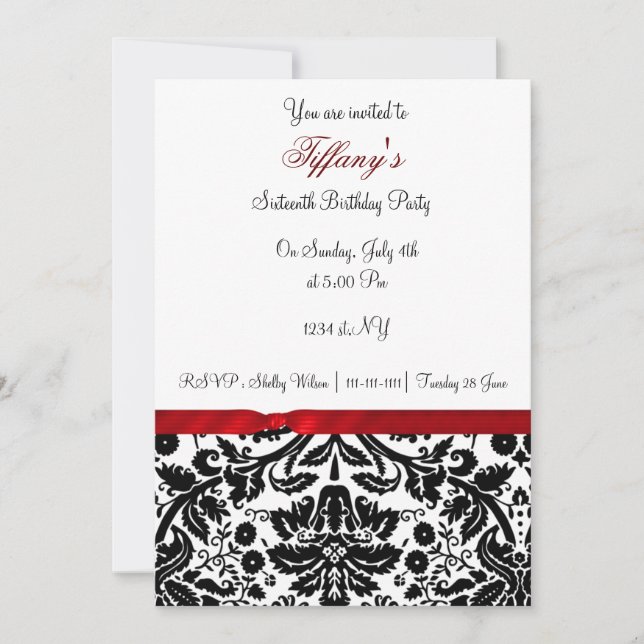 sweet sixteen damassé rouge Invitation (Devant)