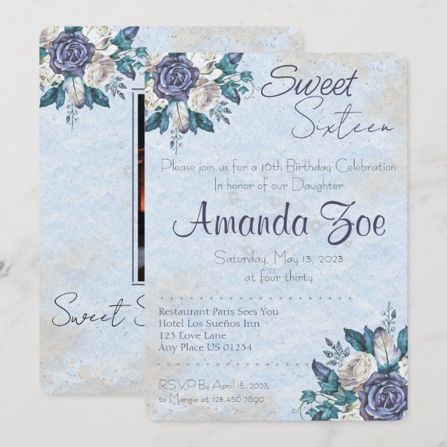 Sweet sixteen Dusty Blue Floral invitation (Devant / Derrière)