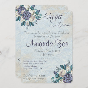 Sweet sixteen Dusty Blue Floral invitation