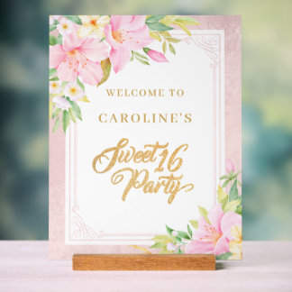Sweet sixteen Élégant Floral Rose Affiche de bienv