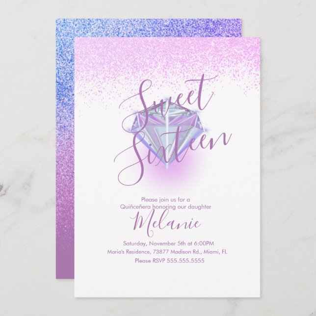 Sweet sixteen Faux Diamond Gem Purple Invitation (Devant / Derrière)