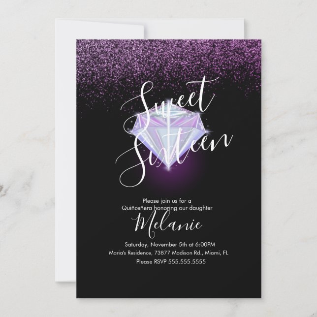 Sweet sixteen Faux Diamond Gem Purple Invitation (Devant)