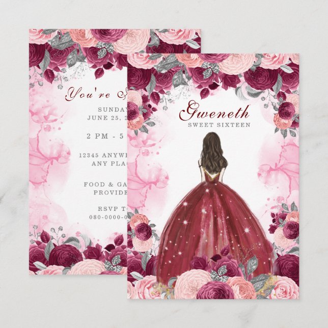 Sweet sixteen Fleurs rouges Invitation Anniversair (Devant / Derrière)