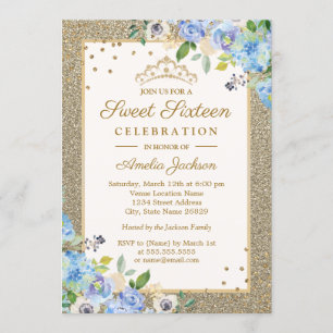 Sweet sixteen floral bleu or  Invitation