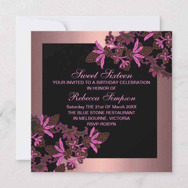 Sweet sixteen Floral rose Invitation d'anniversair (Devant)