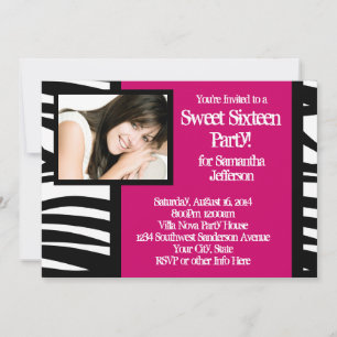 Sweet sixteen, Hot rose Zebra Photo Invitation