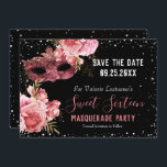 Sweet sixteen mascarade rose Enregistrer la date<br><div class="desc">Parties scintillant de fille avec une typographie de nom de script sophistiquée. Roses roses et bordure en faux parties scintillant. Masque de mascarade rose fantaisie. Idéal pour fêtes douces de 16. Tout le texte est réglable. Beau design floral et faux parties scintillant scintillant. Save the date</div>