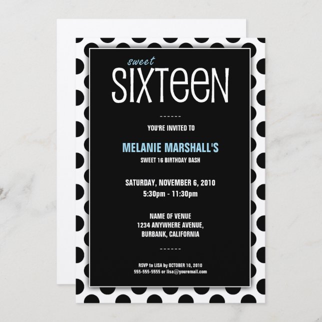 Sweet sixteen noir et argent| Invitations de parti (Devant / Derrière)