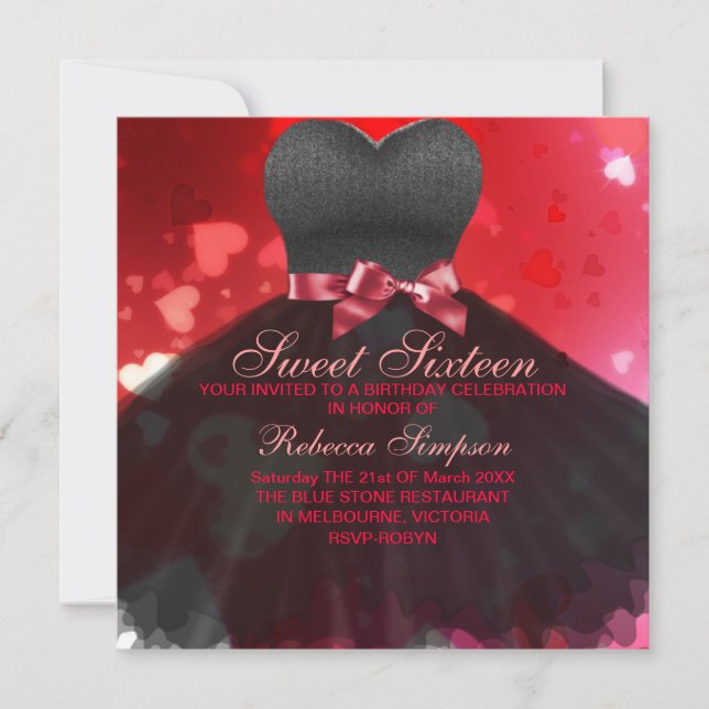 Sweet sixteen Noir & Rouge Robe / Coeur Invitation (Devant)