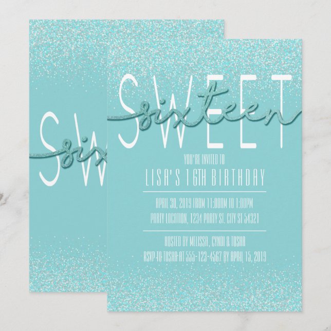 Sweet sixteen, Parties scintillant Aqua Invitation (Devant / Derrière)
