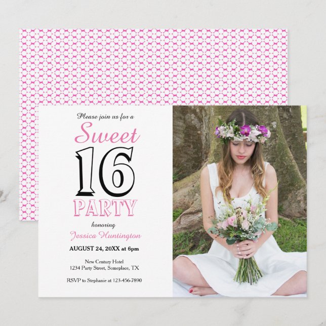 Sweet sixteen rose 16e anniversaire Invitation pho (Devant / Derrière)