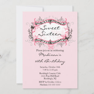 Sweet sixteen rose Zèbre Invitation d'anniversaire