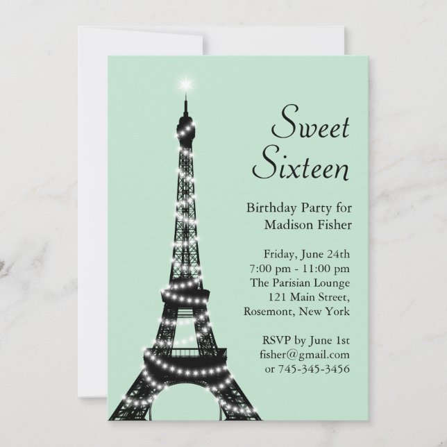 Sweet sixteen Tour Eiffel Invitation à la menthe (Devant)