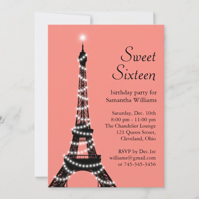 Sweet sixteen Tour Eiffel Invitation au corail (Devant)